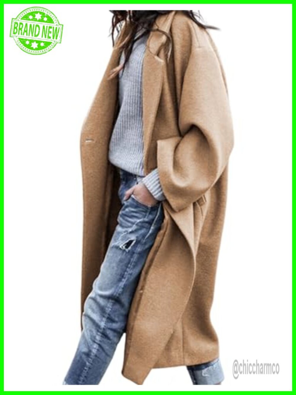 Oversized Wool Blend Coat Double Breasted Long Pea Coat Notch Lapel